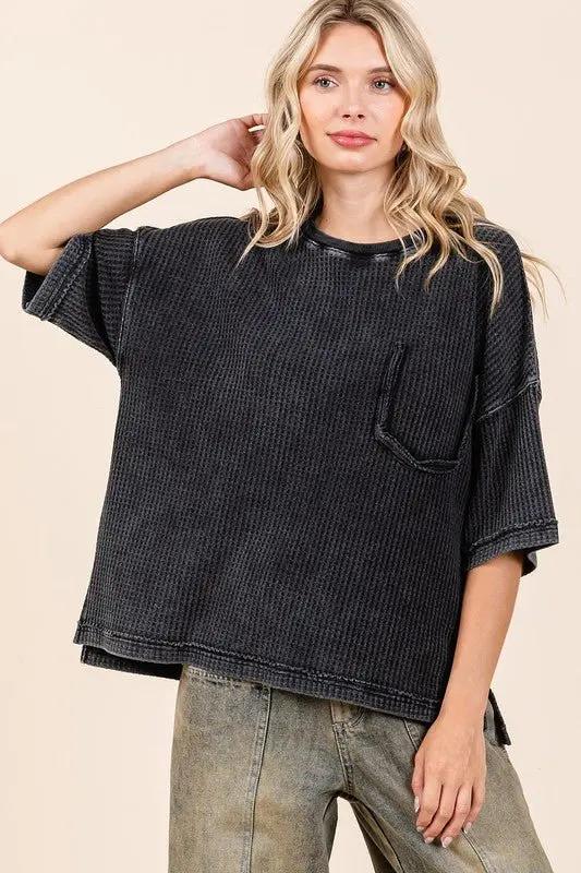 Mittoshop Mineral Wash Waffle Knit Short Sleeve Top for Women - Love Salve